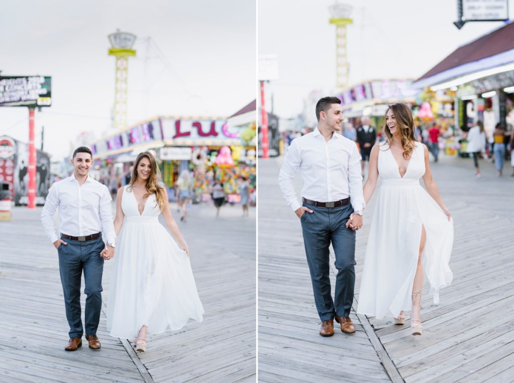 Seaside Heights Boardwalk Summer Ocean County Beach Engagement Session July Love Save the Dates Carnival Games Spin the Wheel Candy Lucky Leo's kiss arcade happy candid walking Casino Pier Breakwater Beach Water Park Amusement Park