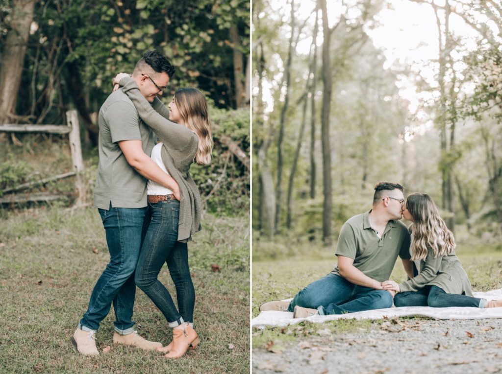 Kiss Allaire State Park NJ Autumn Fall Engagement Session Fall Foliage Rustic Cute Love Holding Hands