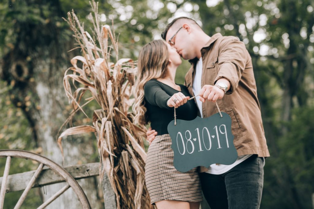 Save the Date Allaire State Park NJ Autumn Fall Engagement Session Fall Foliage Rustic Signs Cute Benches Love