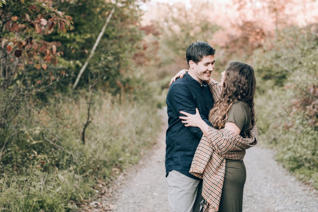 happy couple trees deserted village of feltville watchung reservation mountainsidenj newprovidencenj autumn fall​engagement session rustic​ ​wedding​ ​ ​​