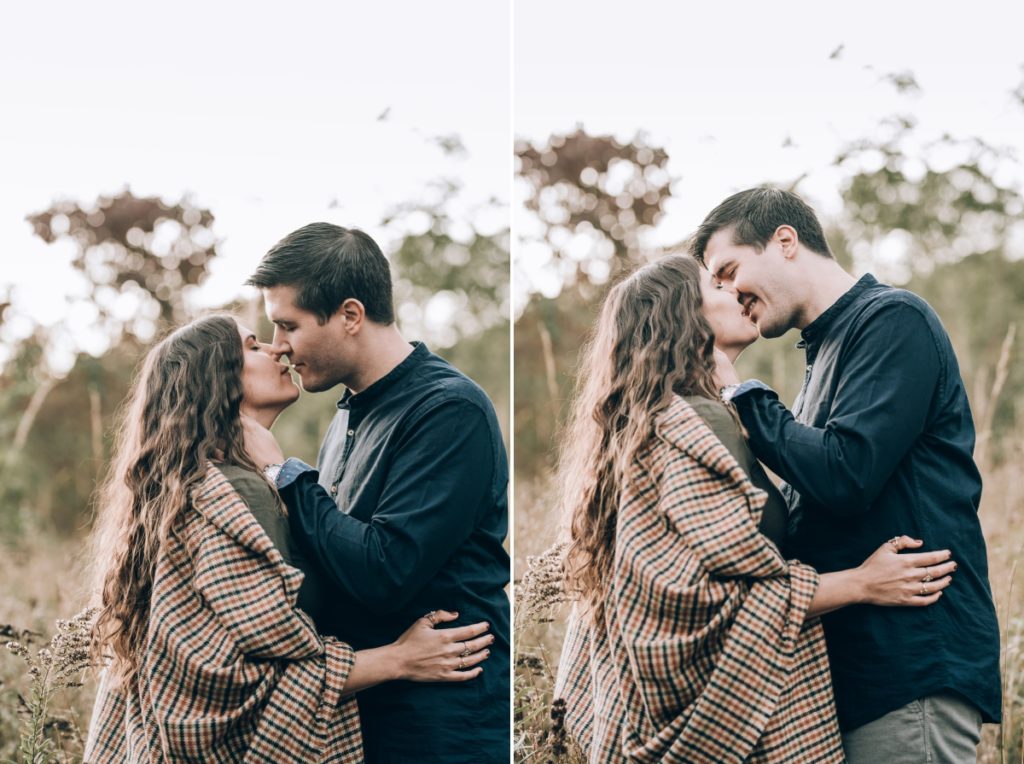 field sunset kiss love deserted village of feltville watchung reservation mountainsidenj newprovidencenj autumn fall​engagement session rustic​ ​wedding​ ​ ​​