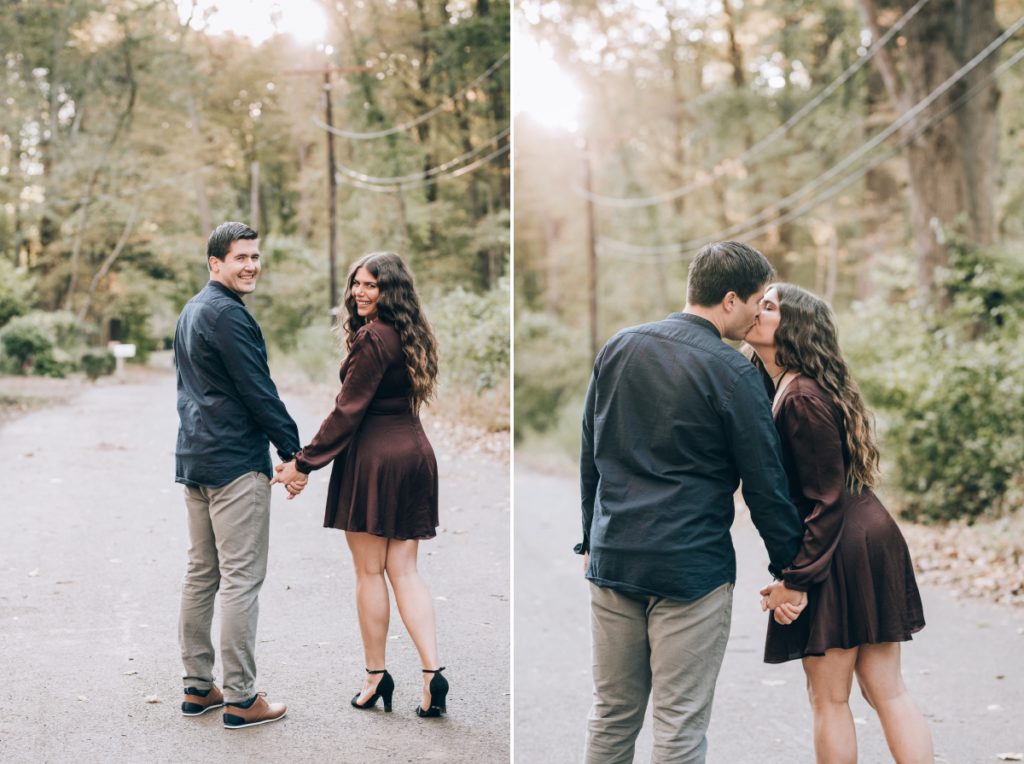 couple walking trees path trail deserted village of feltville watchung reservation mountainsidenj newprovidencenj autumn fall​engagement session rustic​ ​wedding​ ​ ​​