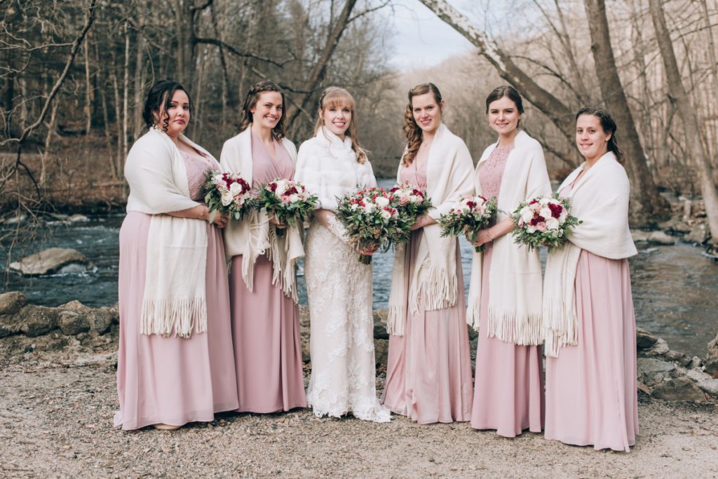 bridal party bridesmaids bouquets january bride and groom first look bridge river happy candid ​David's Country Inn January Wedding Stephen's State Park Winter time wedding east coast photographers love story new jersey montclair bloomfield bloomfield local pinterest vintage the knot nj wedding photographer wedding style love greenweddingshoes junebugweddings engagement session she said yes how they asked