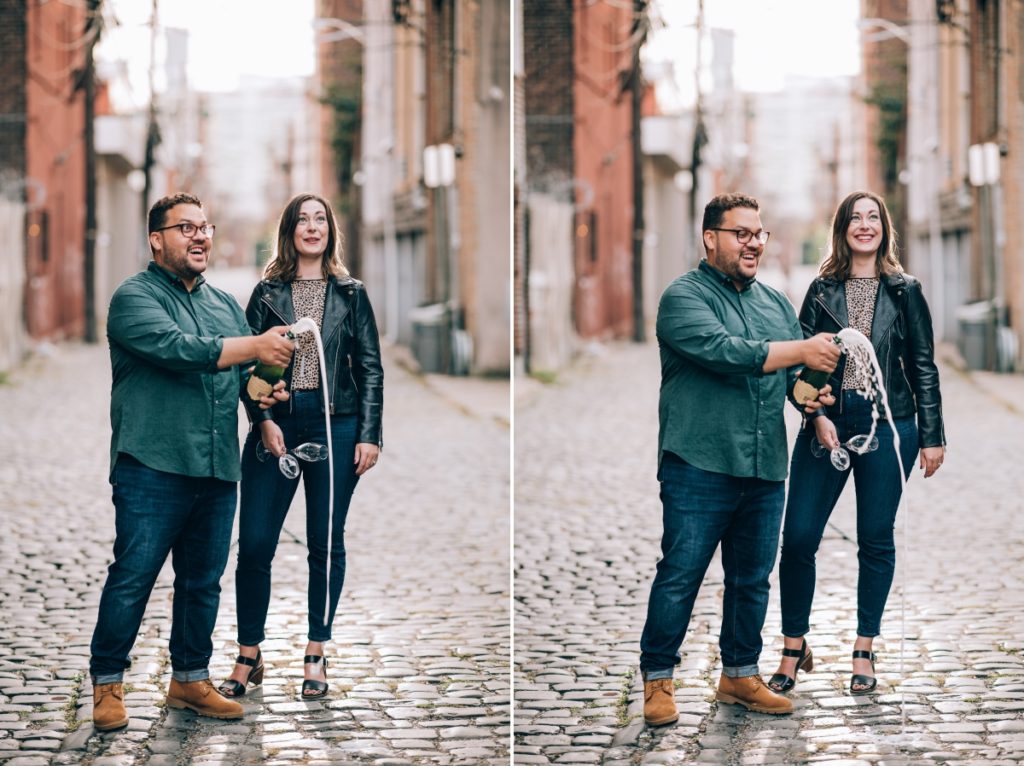 champagne pop alleyway exposed brick fall autumn september engagement session Hoboken Lackawanna Train Station  NY new york new york wedding east coast photographers love story new jersey