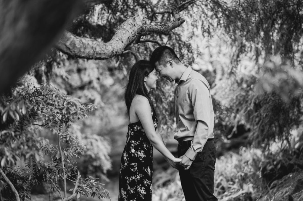 black and white deep cut gardens middletown nj south jersey engagement session spring cherry blossoms