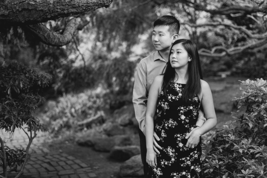 deep cut gardens middletown nj south jersey engagement session spring cherry blossoms black and white