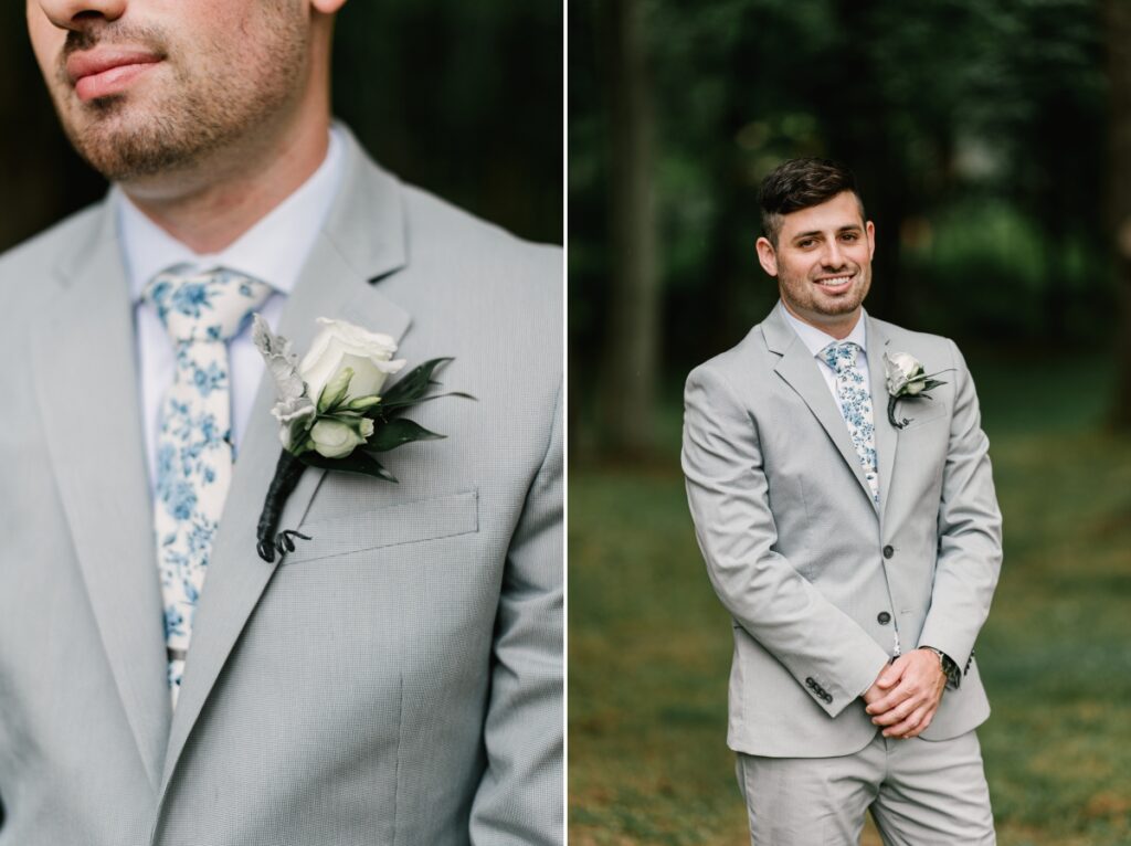 groom gray suit boutonniere detail floral tie