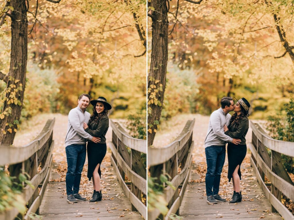 bridge fall engagement session historic waterloo village stanhope nj new jersey photography dog lover fall color fall leaves foliage autumn 