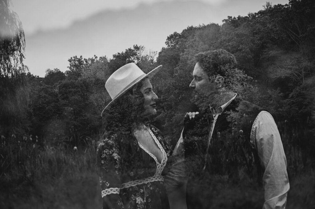 black and white double exposure fall engagement session historic waterloo village stanhope nj new jersey photography dog lover fall color fall leaves foliage autumn 
