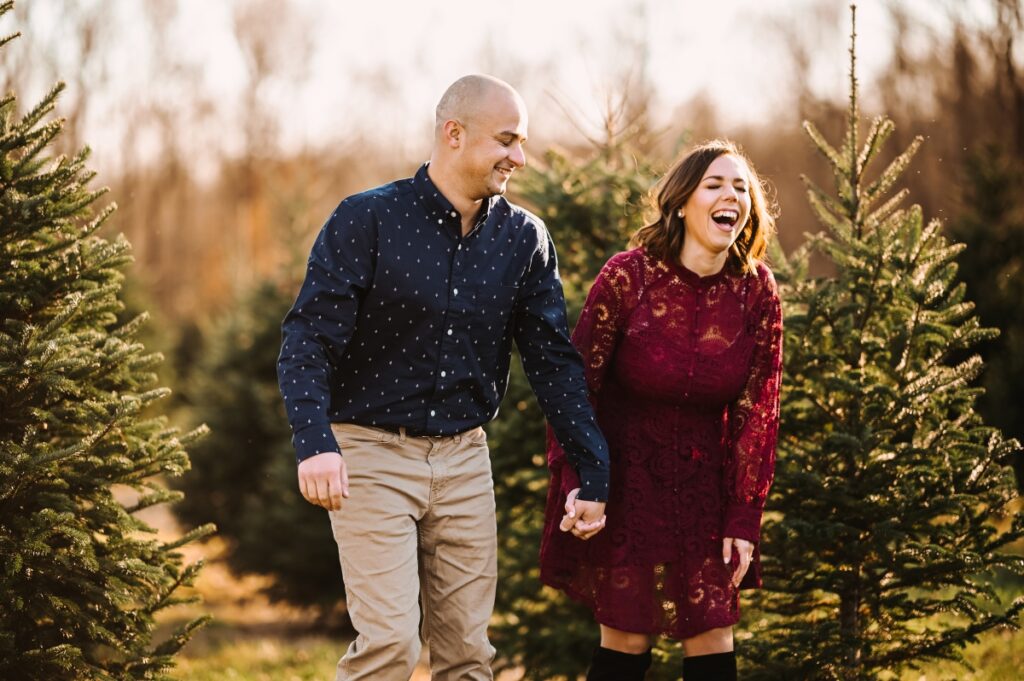 Hidden Pond Tree Farm Mendham NJ Sunset Engagement Session Christmas Tree Farm Holiday Season Love Engaged