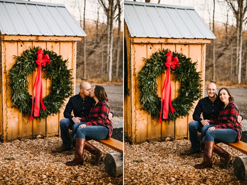 Hidden Pond Tree Farm Mendham NJ Sunset Engagement Session Christmas Tree Farm Holiday Season Love Engaged wreathe