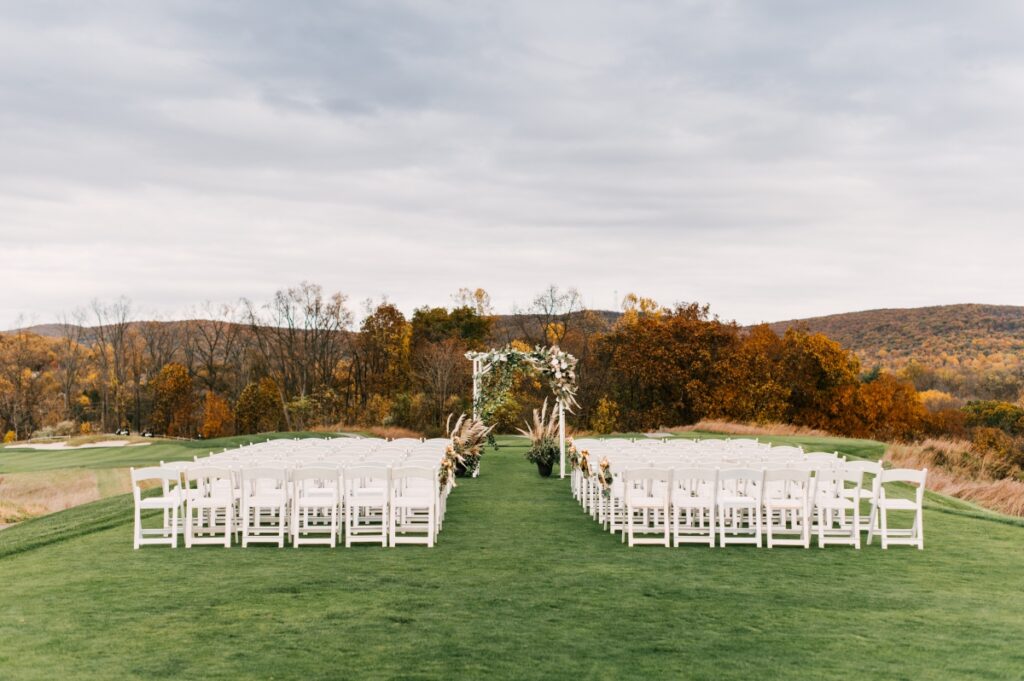 golf course ceremony bride and groom sunset ballyowen golf club, crystal springs resort,  mineral springs resort, NJ photographer, NJ wedding, covid wedding, essense of australia, autumn wedding, hamburg nj north jersey wedding 