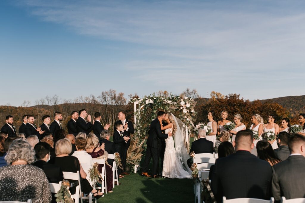 ceremony bride and groom sunset ballyowen golf club, crystal springs resort,  mineral springs resort, NJ photographer, NJ wedding, covid wedding, essense of australia, autumn wedding, hamburg nj north jersey wedding 