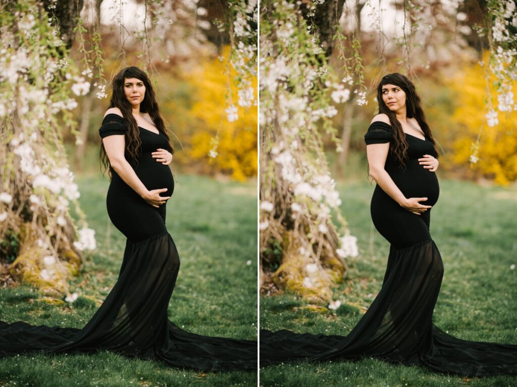 dramatic moody maternity session game of thrones crown amaroq design skylands manor ringwood nj north jersey baby bump pregnant cherry blossoms