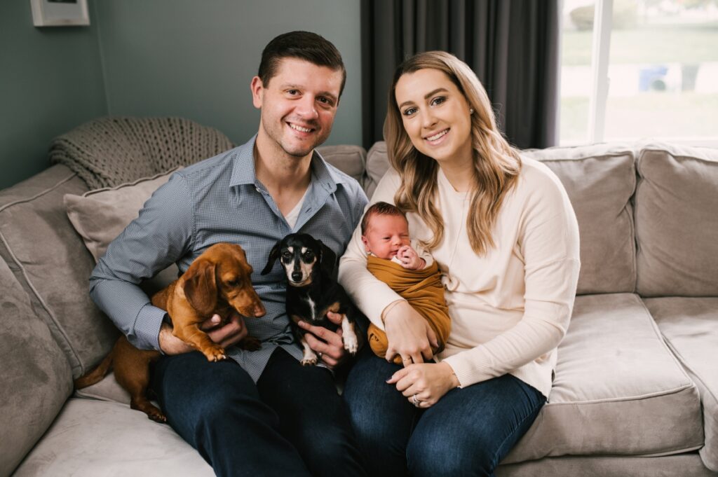 at home family session morris plains nj dachsunds newborn baby family