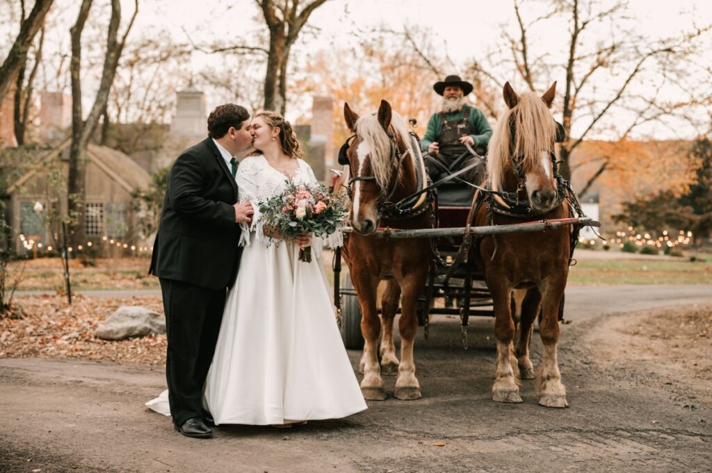 horse and buggy November Wedding Waterloo Village Stanhope New Jersey Allure Bridal Men's Wearhouse