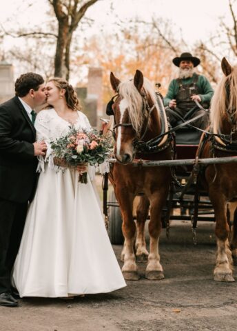 horse and buggy November Wedding Waterloo Village Stanhope New Jersey Allure Bridal Men's Wearhouse