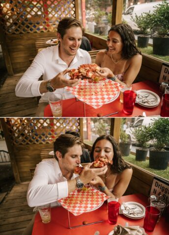 Williamsburg Engagement Session at Aces Pizza and Domino Park Pier. Brooklyn, NYC area. July Summertime engagement session