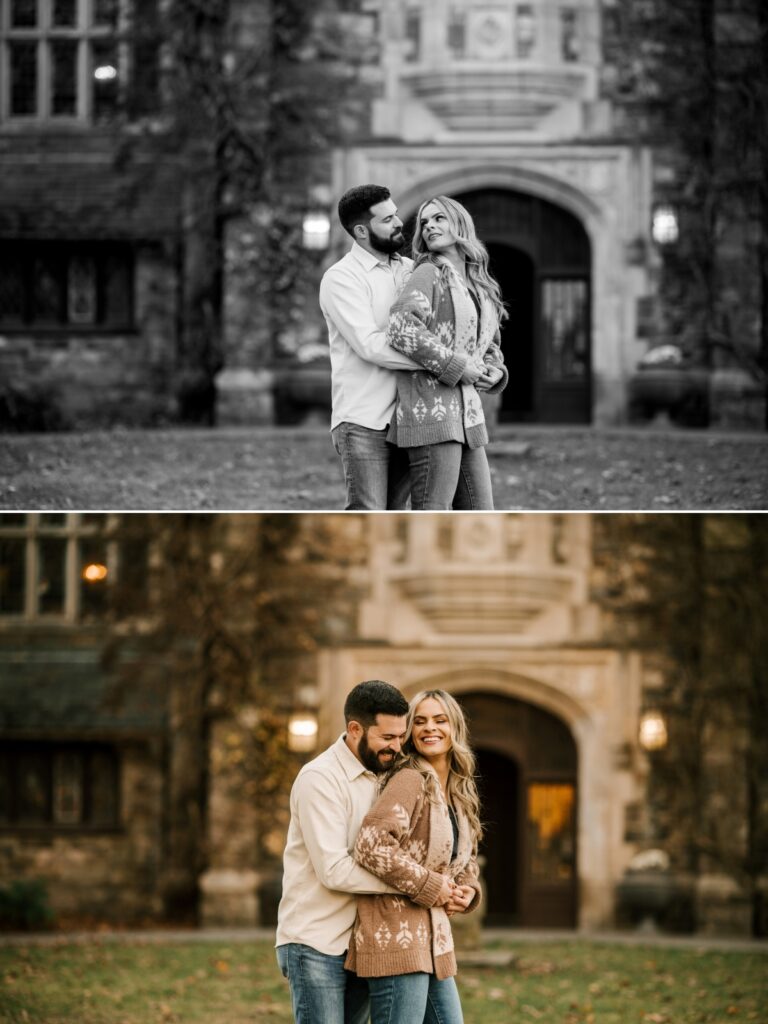 Couple stands in front of door at Castle at Skylands Manor in Ringwood NJ