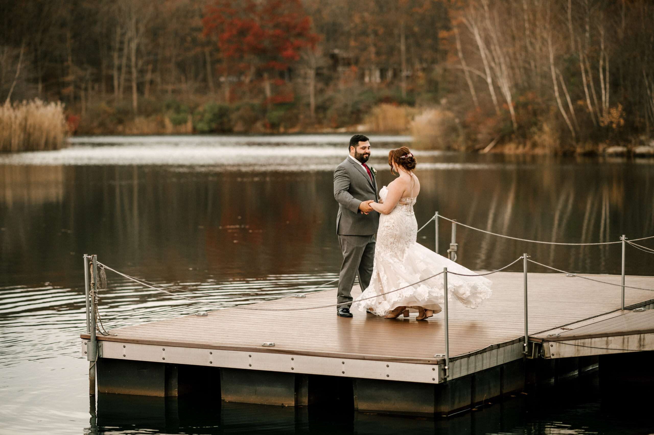 Bride and Groom dancing on Dock at Rock Island Lake Club in Sparta New Jersey. November Wedding