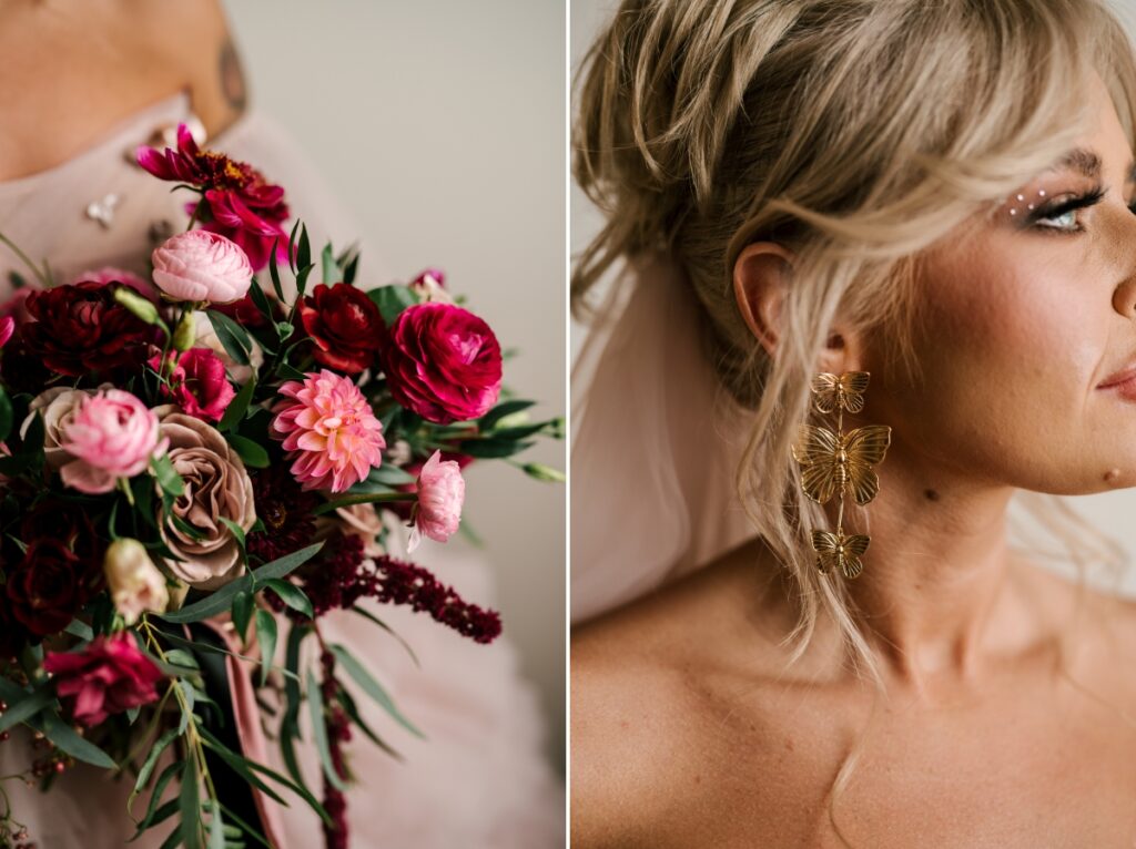 bridal details, vibrant bouquet and gold butterfly earrings