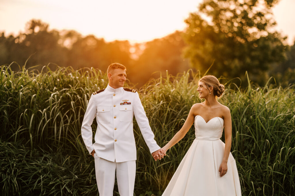 golden hour with bride and groom at indian trail club, groom US navy