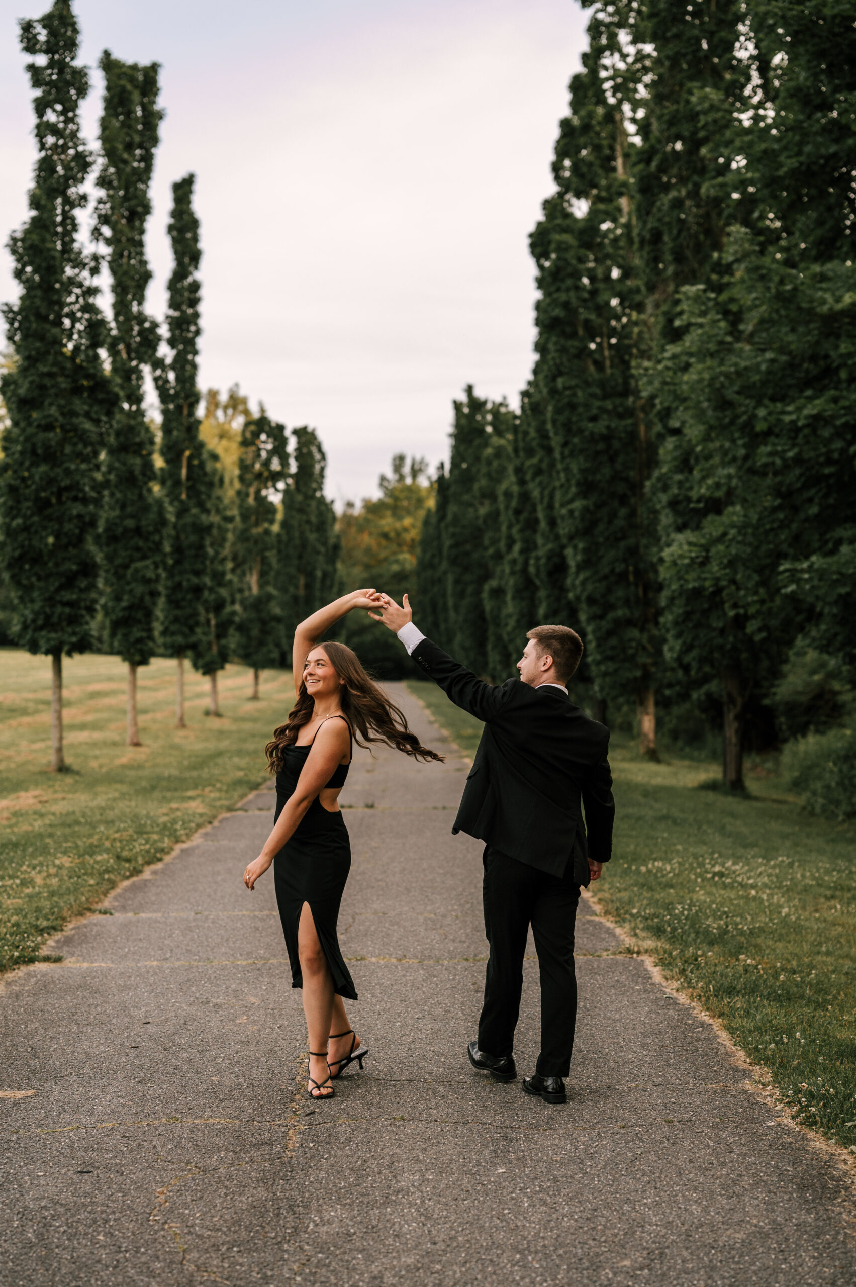 The newly-engaged couple share a dance on a trail at the Skylands Manor in Ringwood, NJ.