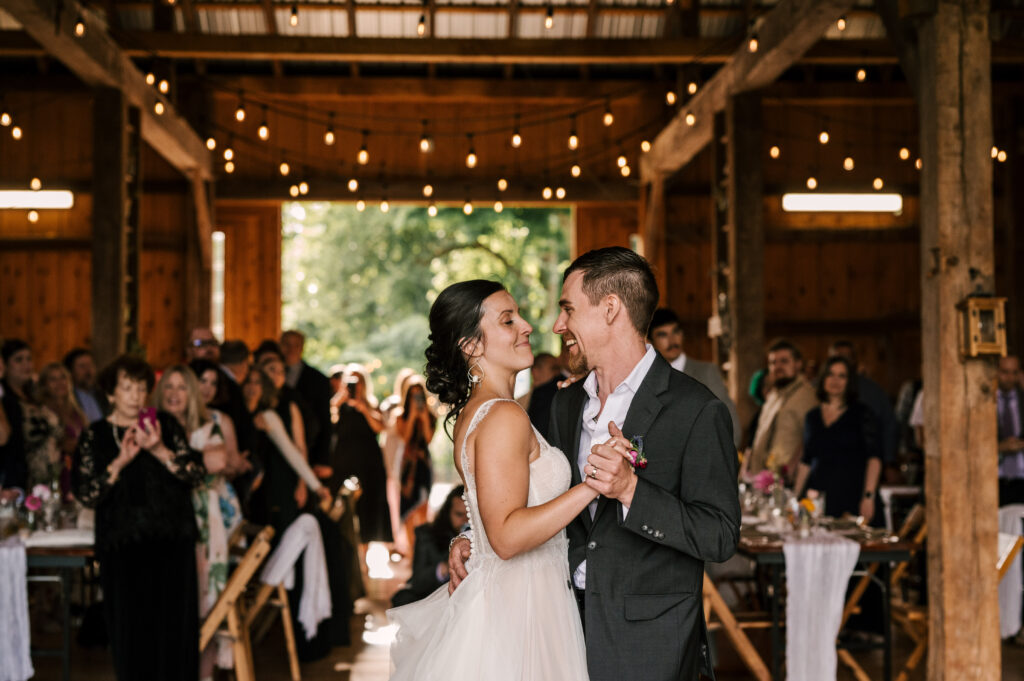 The bride and groom's first dance at the reception at Wallenpaupack Creek Farm.