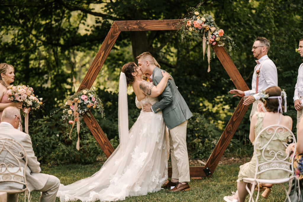 The couple's first kiss as husband and wife at Waterloo Village.