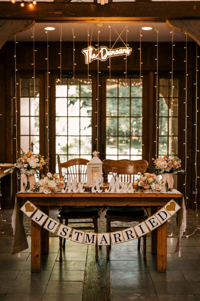 The sweetheart table for the reception at Waterloo Village.