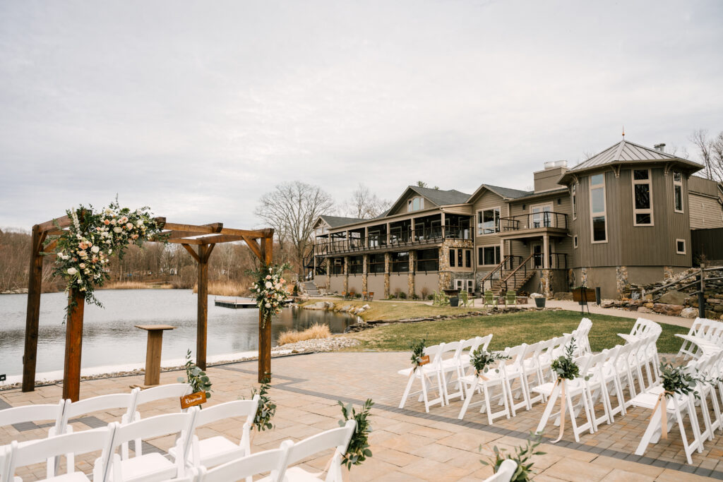 NJ Wedding Venue Rock Island Lake Club set up for ceremony. April wedding by the lake