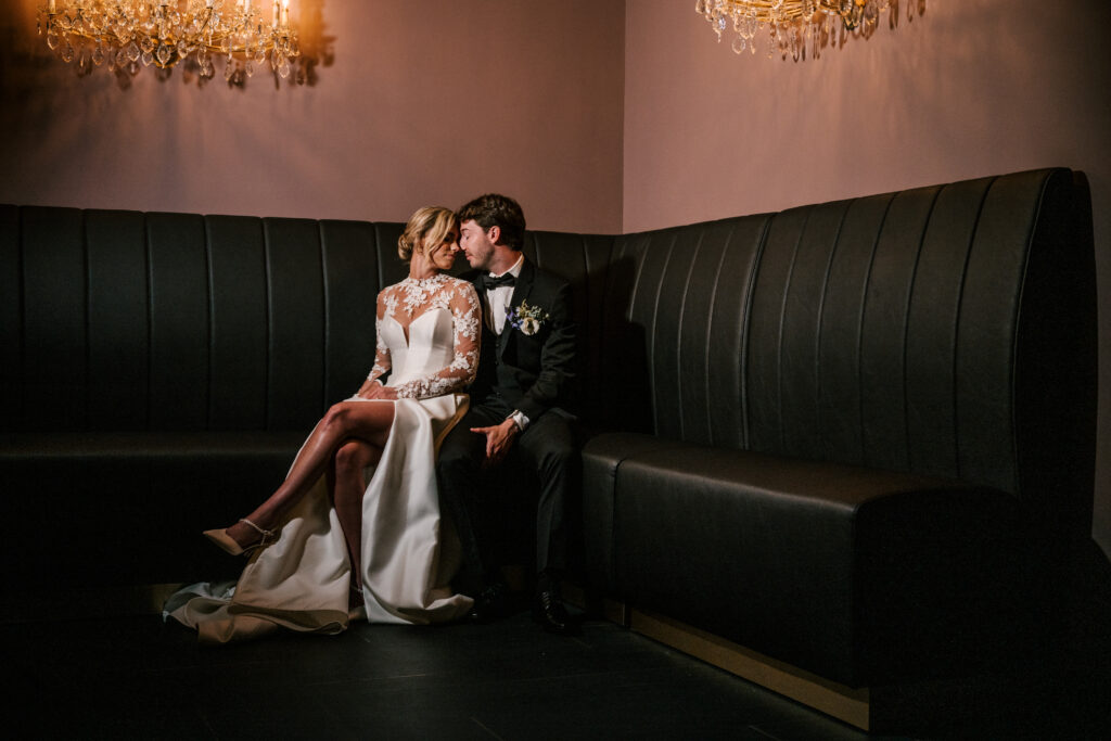 bride and groom at the perona farms reserve indoor speakeasy
