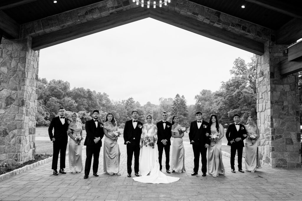 wedding party black and white under carport at Perona Farms reserve