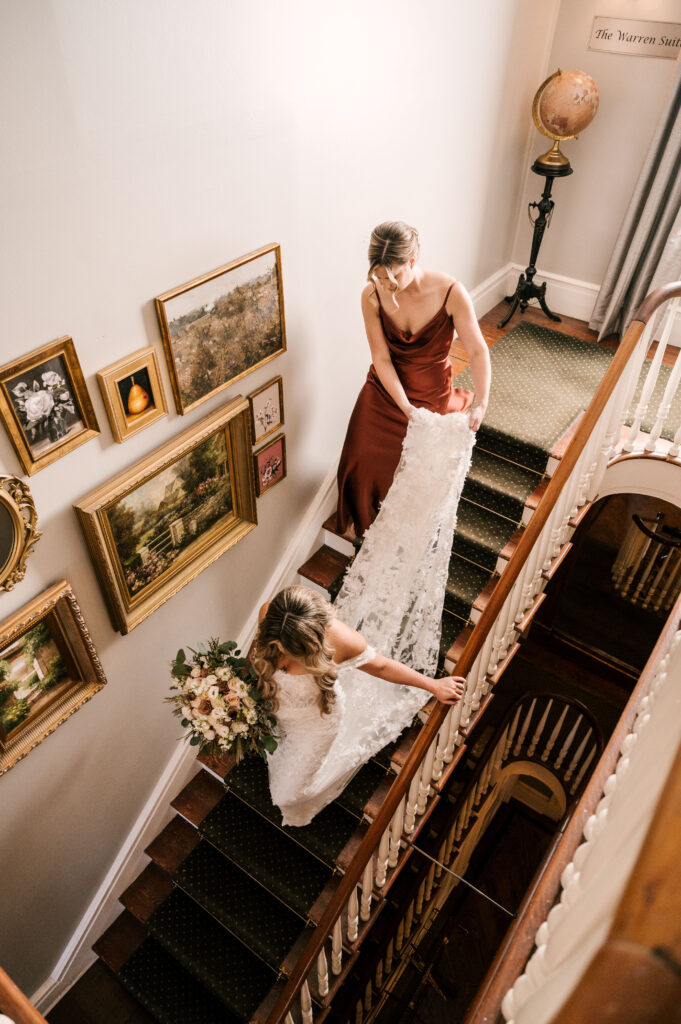 bride descending stairs at David's country inn