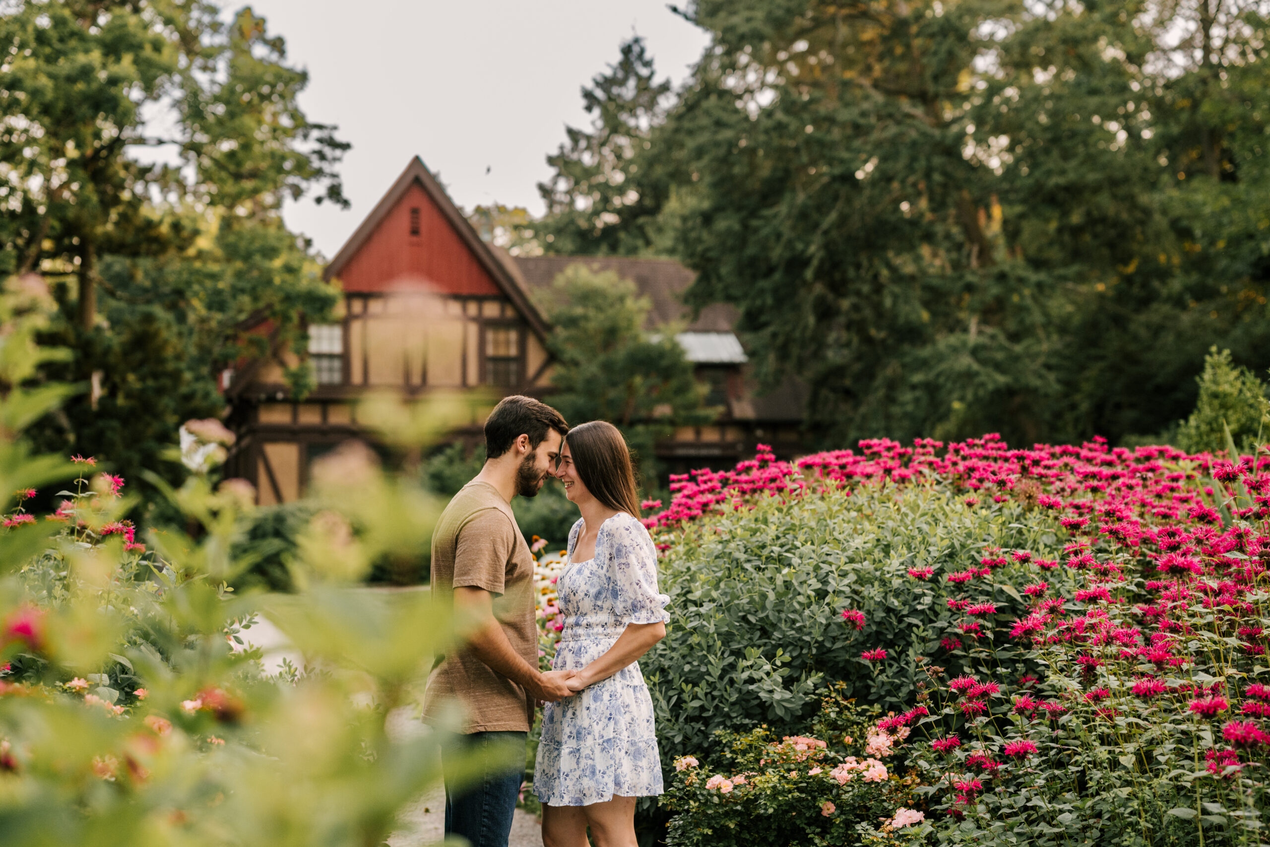 July NJ engagement session with flowers at Van Vleck House and Gardens in Montclair New Jersey