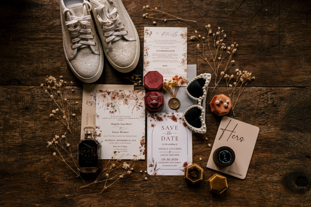 details photograph for fall waterloo village nj wedding with pink and burnt orange details, baby's breath and pearl studded sunglasses