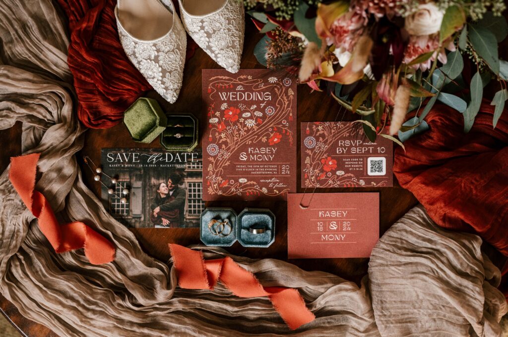 invitation suite, florals, wedding day shoes and wedding bands photo for nj october wedding at david's country inn