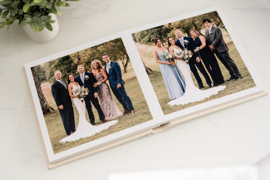 wedding album featuring photos of the bride and groom with their families