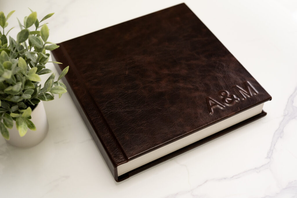 wedding album with embossed details in the corner