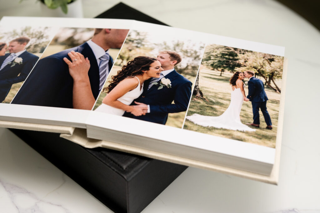 wedding album showing several pictures of bride and groom laughing, holding hands, detail shots