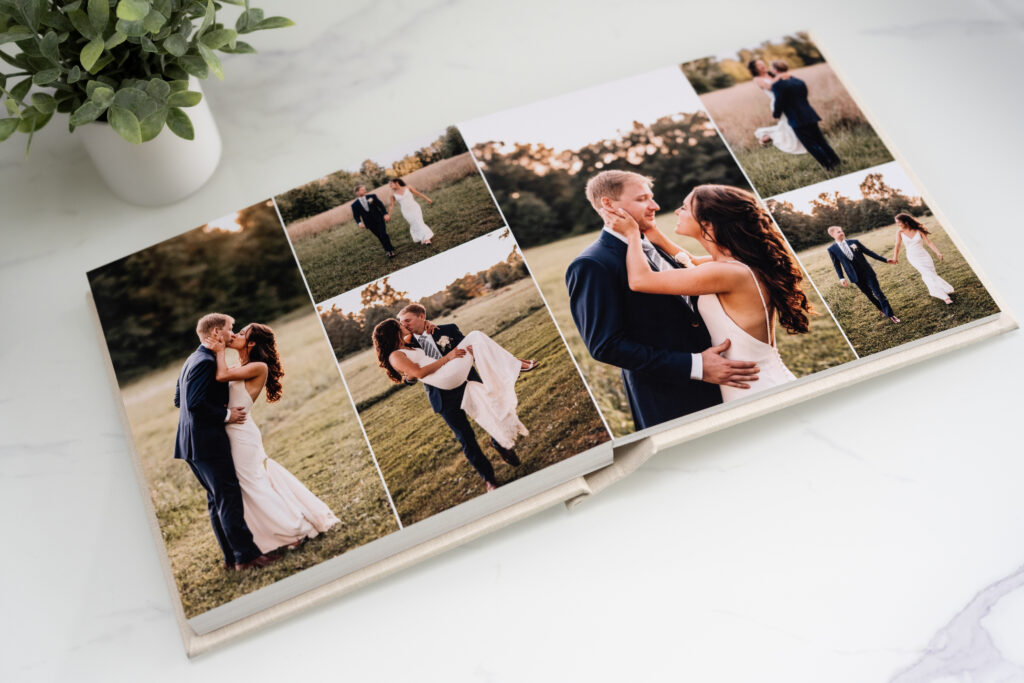 wedding album showing various pictures of bride and groom on their wedding day