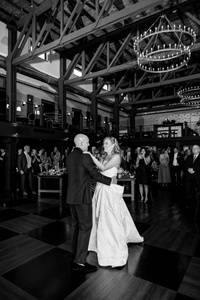bride and groom during their first dance at park loft wedding